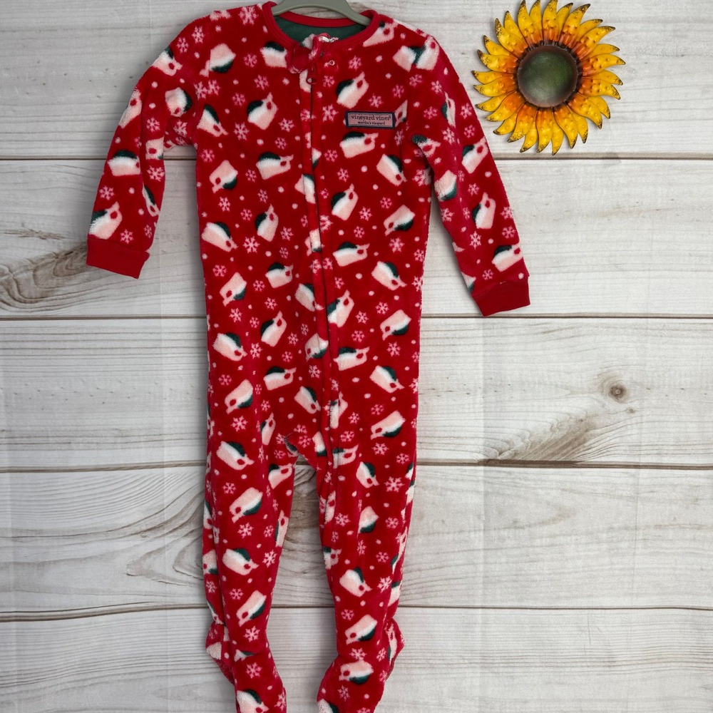 Vineyard Vines Kids Christmas Pajamas Footed Sleepers Red Snowflakes 12-18M